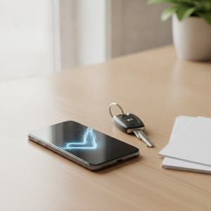 A modern smartphone resting on a clean desk beside a set of car keys and a small stack of blank documents, screen glowin
